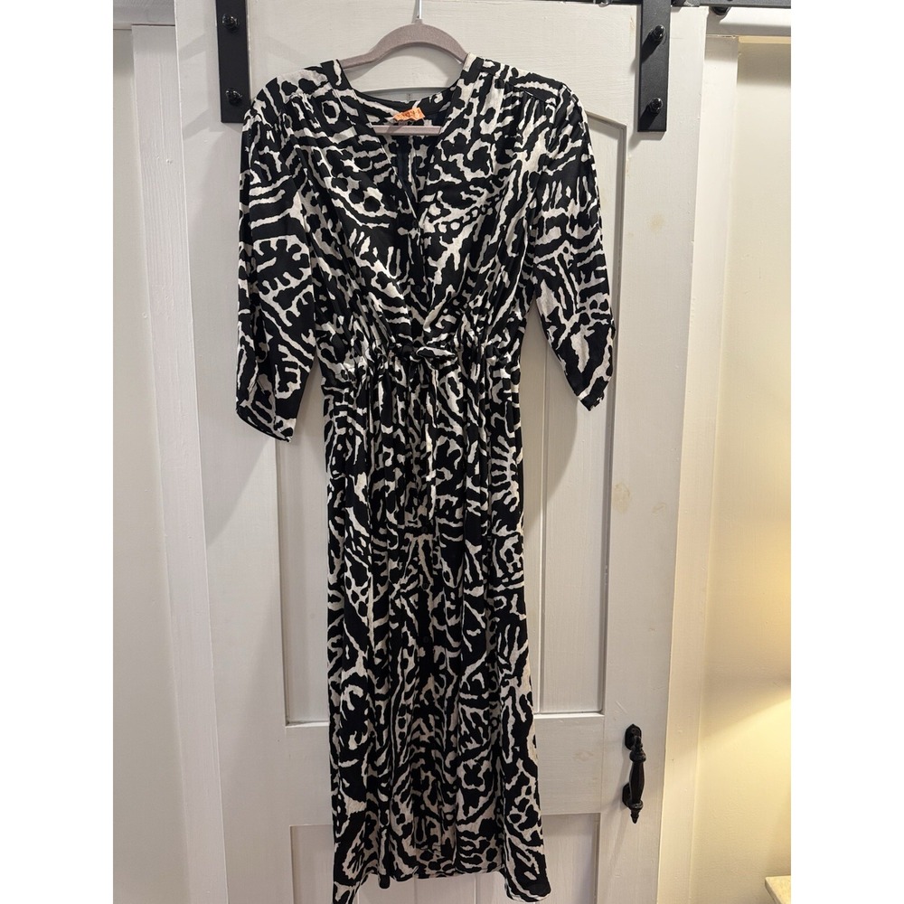 Nic + Zoe Dress Womens Small Black Ivory Print Tie Waist 3/4 Sleeve Boho Midi